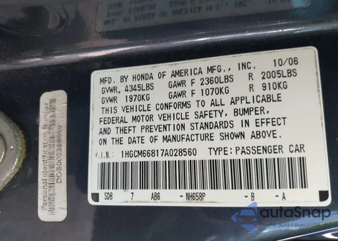 2007 Honda Accord 3.0 Ex from USA, damaged, VIN 1HGCM66817A028560